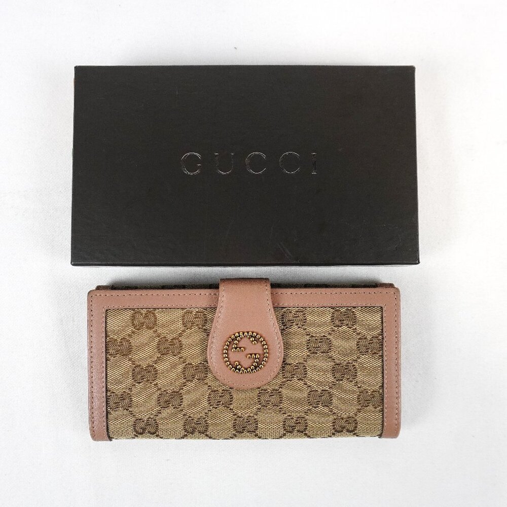 Gucci GG Supreme Canvas Bifold Wallet In Beige And Pink - Vintage With Box